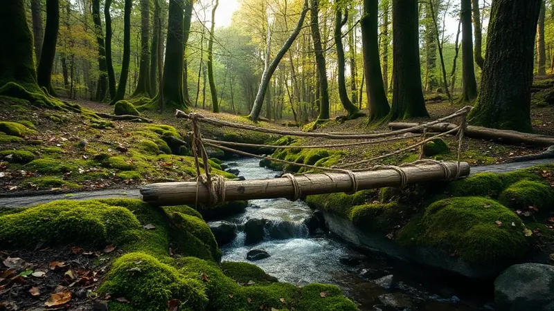 Einfache Brücke aus Stämmen und Seil über einem Waldbach