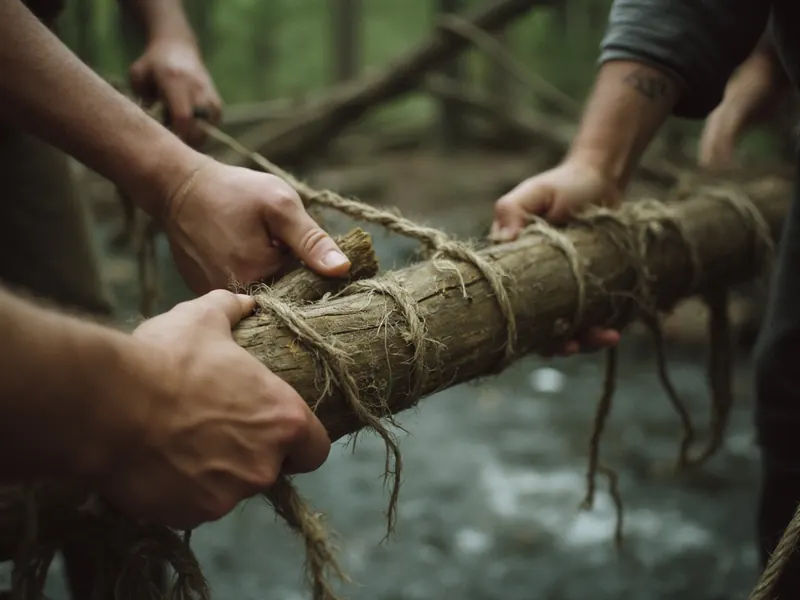 Mehrere Hände binden Holzstangen mit Seil zusammen