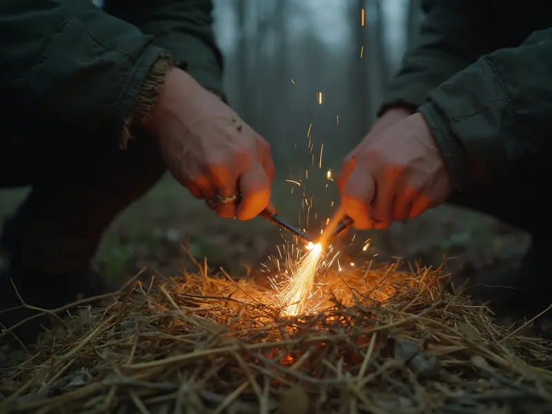 Funken aus einem Feuerstahl fallen in ein Nest aus trockenem Gras