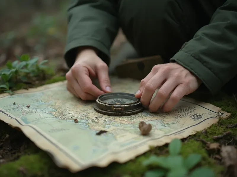Hände halten einen Kompass über eine Karte auf moosigem Waldboden