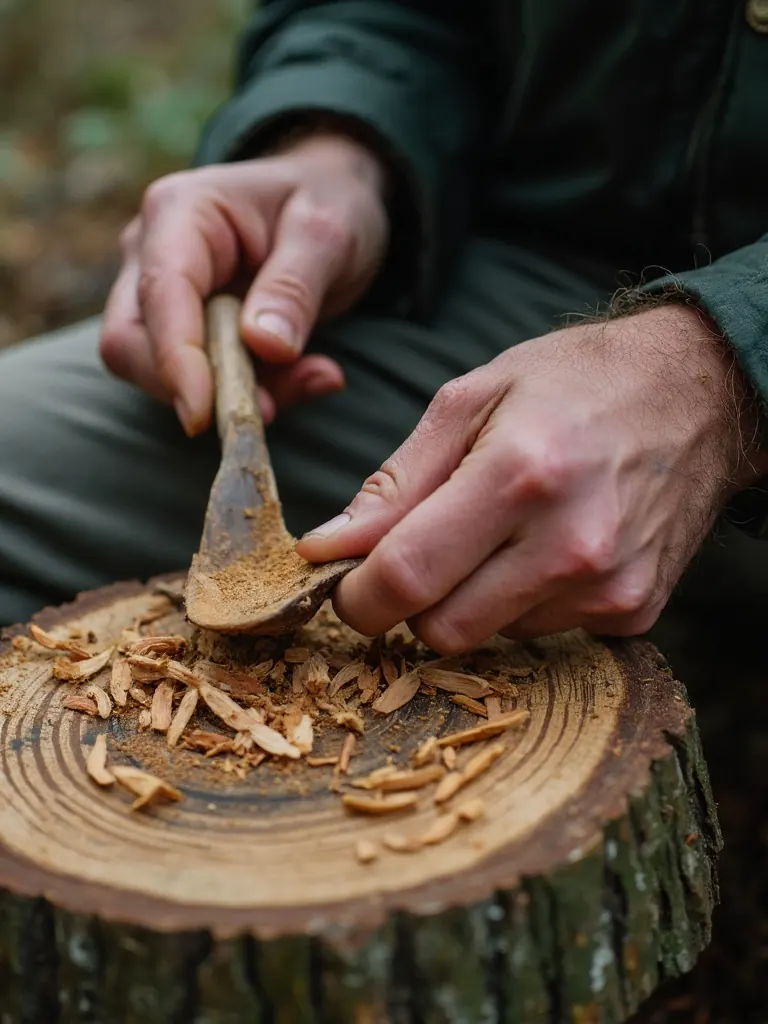 Hände schnitzen einen Holzlöffel über einer Baumscheibe voller Späne