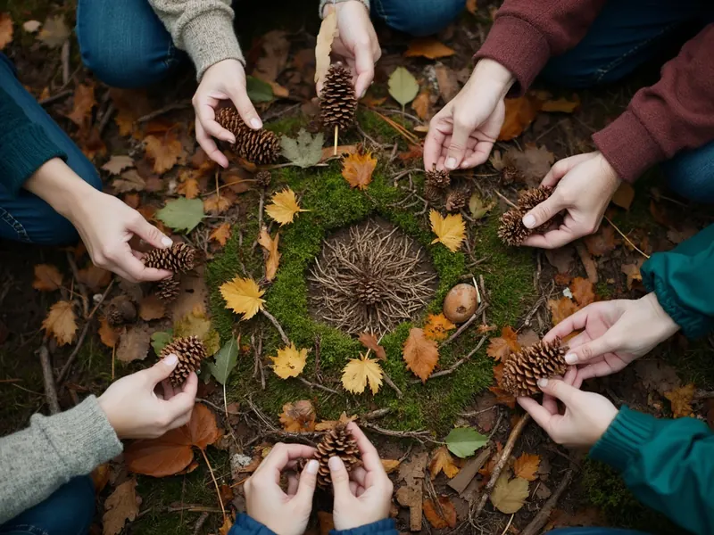 Hände legen ein Mandala aus Zapfen, Moos und Laub auf den Waldboden